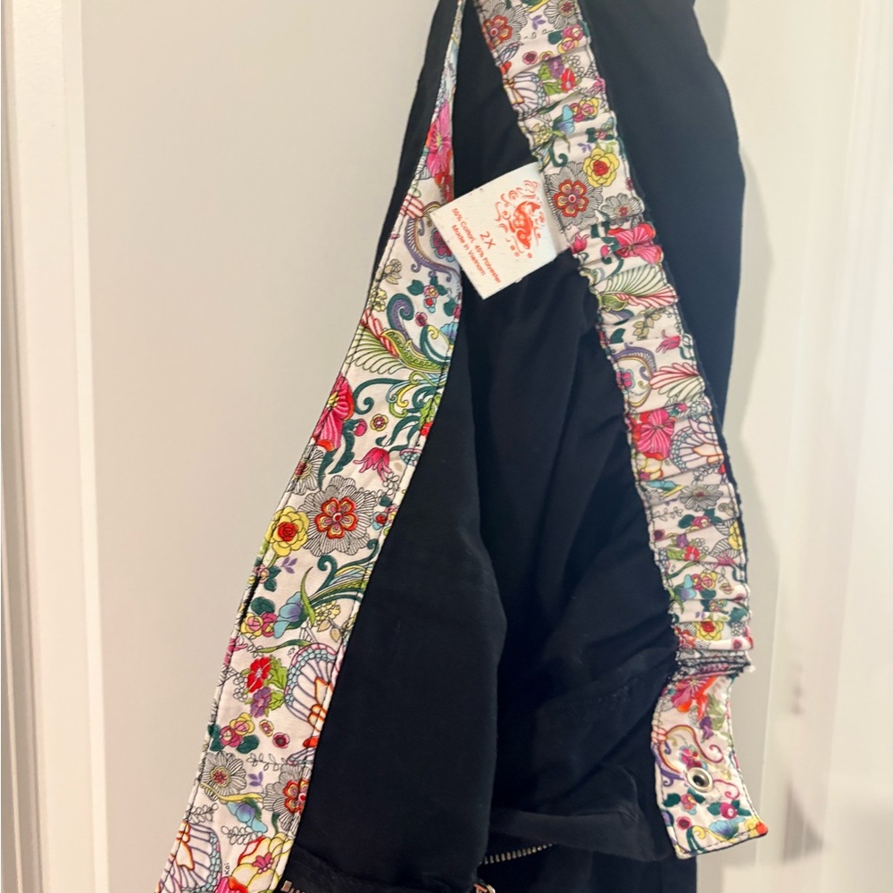 koi Black Scrub Pants with Floral Trim on Waistband